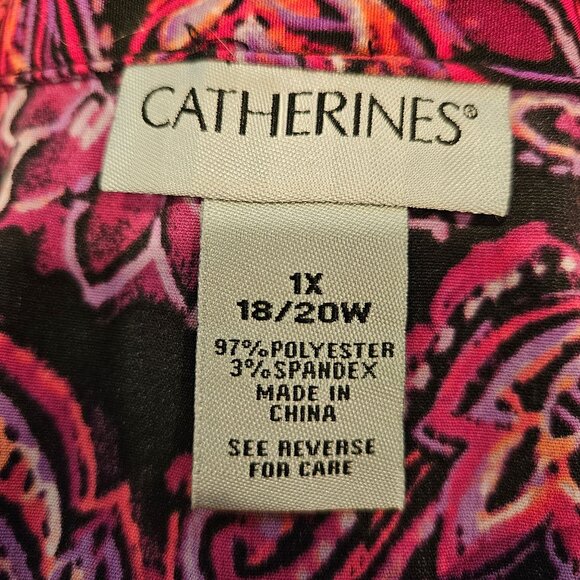 Catherines Womens Floral Paisley Button up Blouse 1X Pink black office modest - Picture 3 of 9